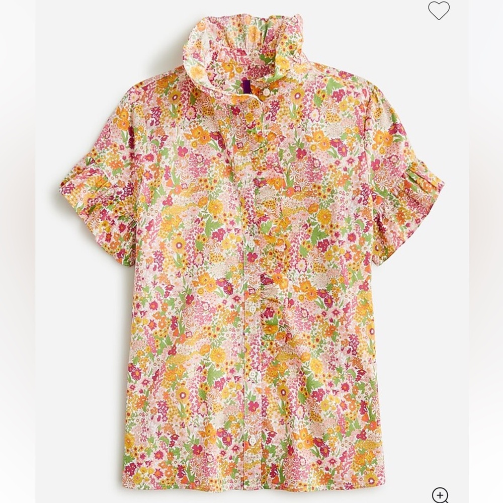 EUC J. Crew Brightly-Colored Floral Blouse. Ruffle collar and sleeves. Size 4